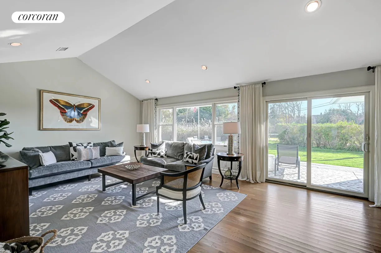 The Hamptons Real Estate | View 31B Club Lane | Living Room with Sliders to Backyard