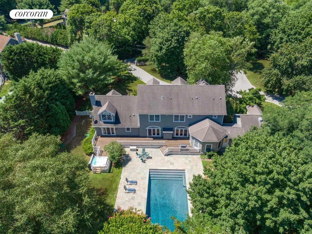The Hamptons Real Estate | View 4 Hidden Pond Lane | Ariel of Rear of Property