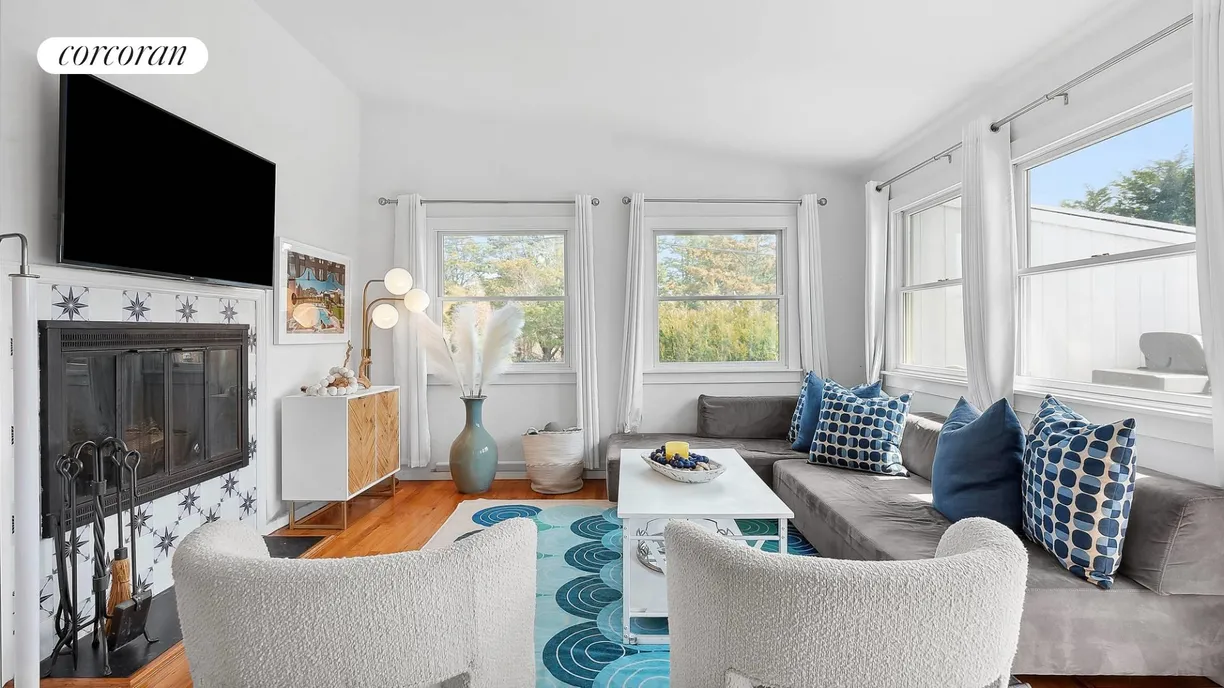 The Hamptons Real Estate | View 9 Tanners Neck Lane | Living Room with Fireplace