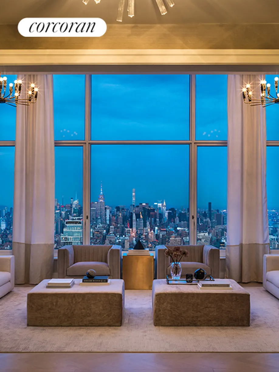 New York City Real Estate | View 30 Park Place, PH82 | Living Room - Dusk