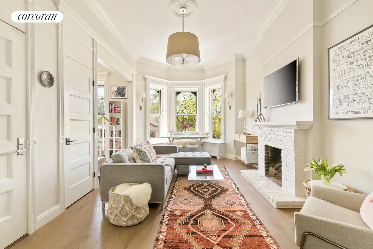 New York City Real Estate | View 437 2nd Street, 4 | Living Room with Dining Alcove and WBFP