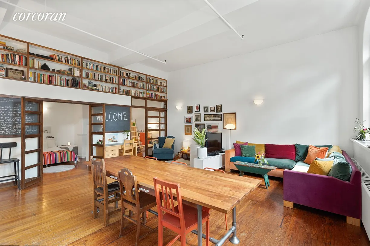 New York City Real Estate | View 259 21st Street, 2G | Expansive great room with 12' tall beamed ceilings