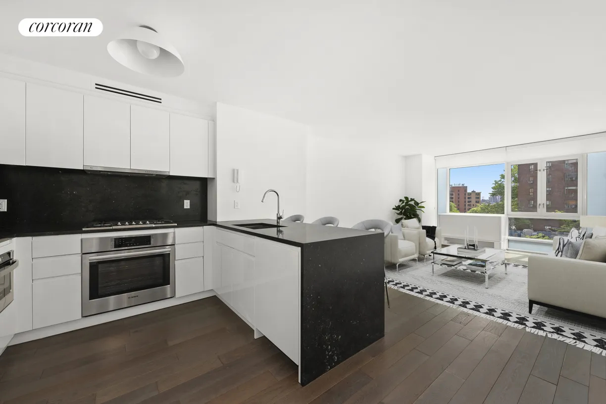 New York City Real Estate | View 385 First Avenue, 4G | Open Living Room, virtually staged