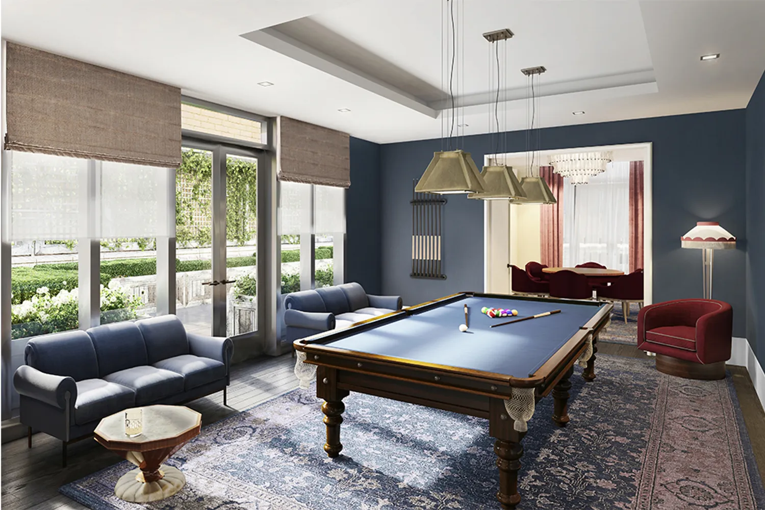 Billiards room with access to landscaped terrace