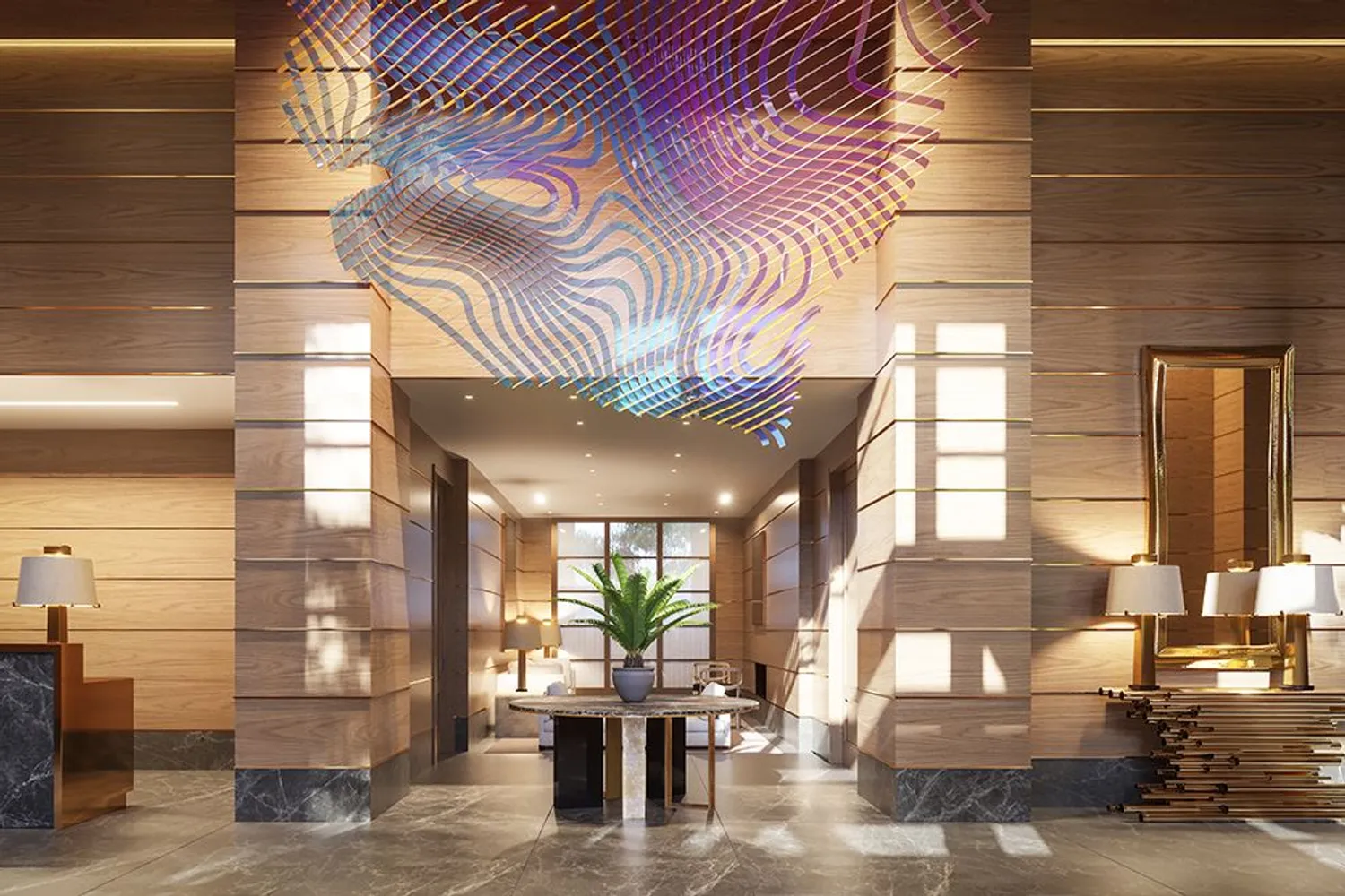 Lobby features original sculpture by Alyson Shotz