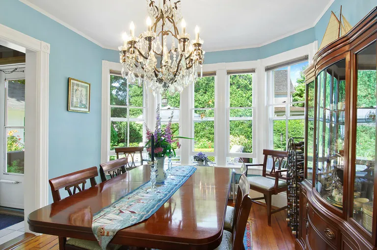 New York City Real Estate | View  | Formal dining room with large bay window overlooking patio & gardens | View 7