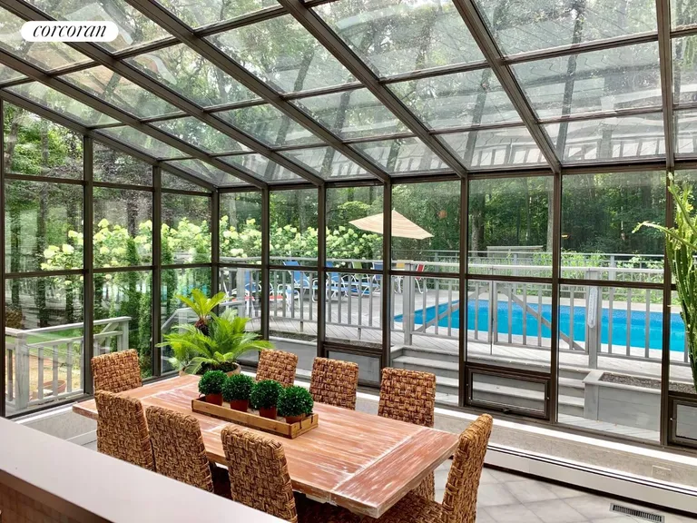 New York City Real Estate | View 34 Rolling Hill Court West | Dining Room with Pool View | View 7