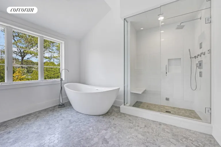New York City Real Estate | View 63 Middle Pond Road | Main Bathroom tub and shower | View 15