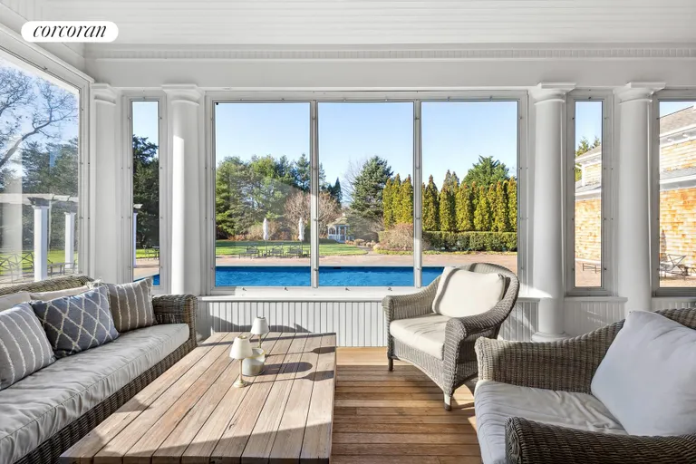 New York City Real Estate | View 15 Bridle Path | Sun Porch (pool virtually open) | View 30