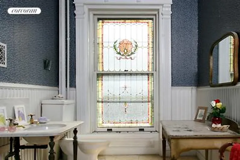 New York City Real Estate | View 854 President Street | Bathroom with stained glass window | View 5