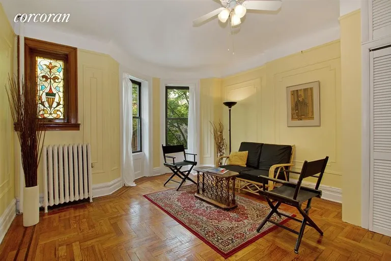 New York City Real Estate | View 457 State Street, 2D | South facing living room w/ stained glass, details | View 2