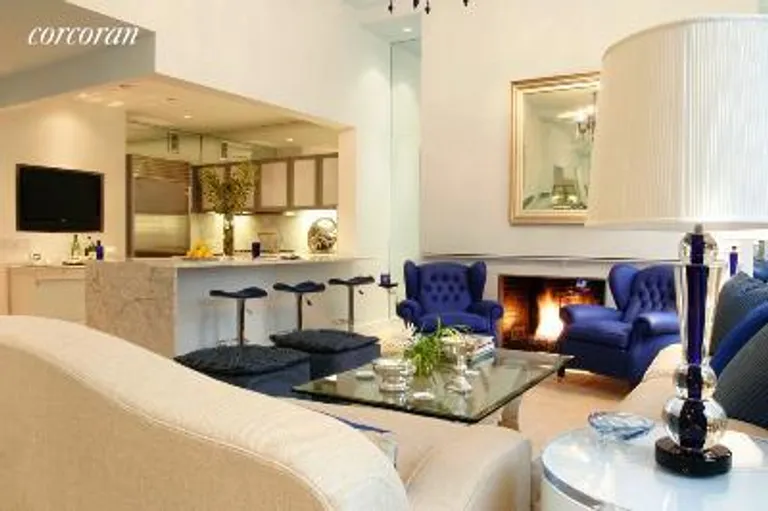 New York City Real Estate | View 210 Lafayette Street, PH CROSBY | Living Room with Fireplace | View 5