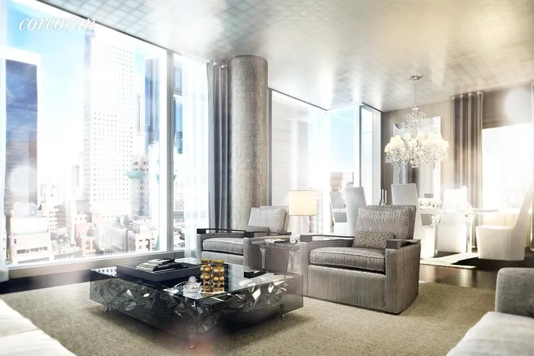New York City Real Estate | View 20 West 53rd Street, 23B | Light-filled living with floor-to-ceiling windows | View 2