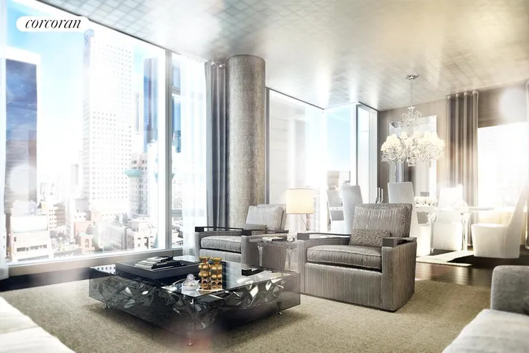 New York City Real Estate | View 20 West 53rd Street, 22A | Light-filled living with floor-to-ceiling windows | View 2