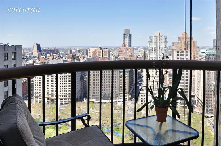 New York City Real Estate | View 45 East 25th Street, 32A | Private balcony with open view of park and skyline | View 2