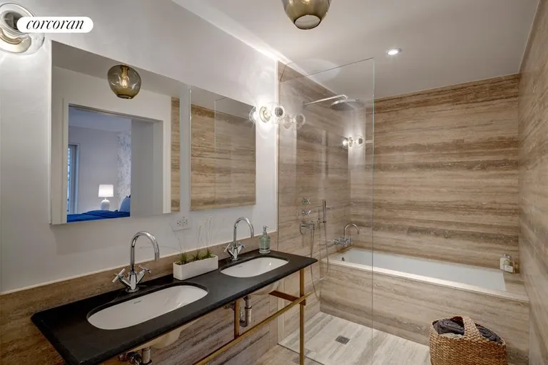 New York City Real Estate | View 345 West 14th Street, PHD | Wet room with Spanish Travertine marble | View 3