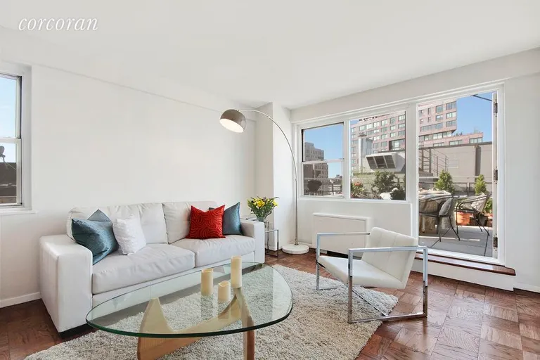 New York City Real Estate | View 77 East 12th Street, 18A | Corner Living Room with view to Terrace! | View 2