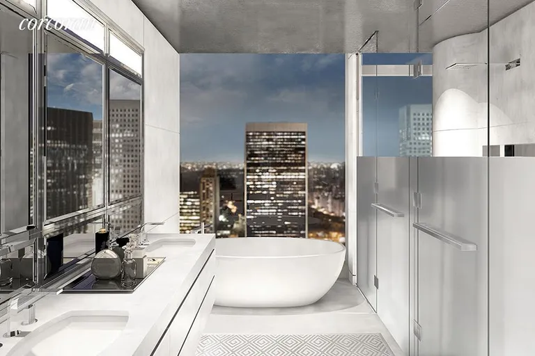 New York City Real Estate | View 20 West 53rd Street, 24A | Master bath with Lido white marble and soaking tub | View 3
