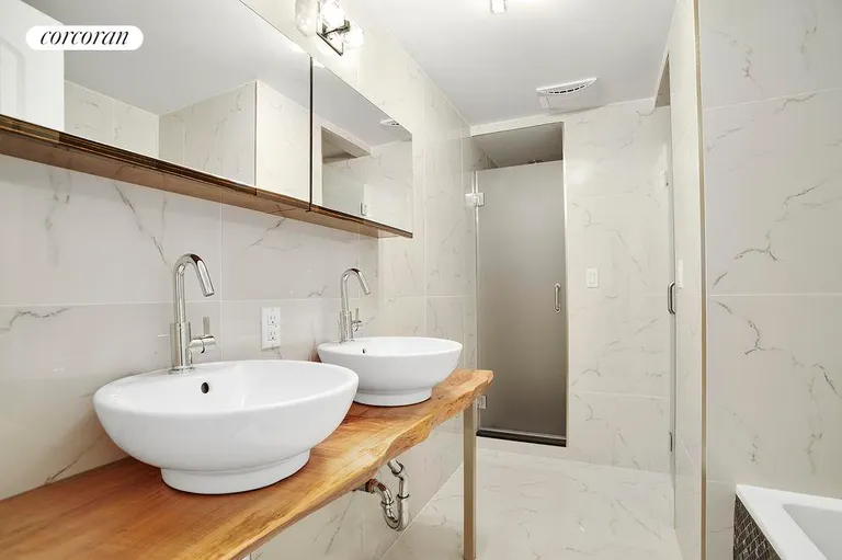 New York City Real Estate | View 764 Marcy Avenue | Bathroom with Reclaimed Wood Counter | View 5