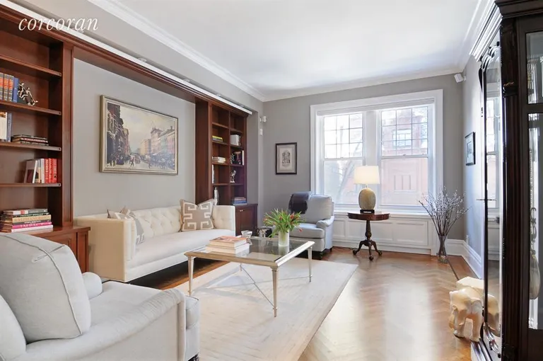 New York City Real Estate | View 375 West End Avenue, 2AB | Beautiful living room with built-in bookcases | View 4