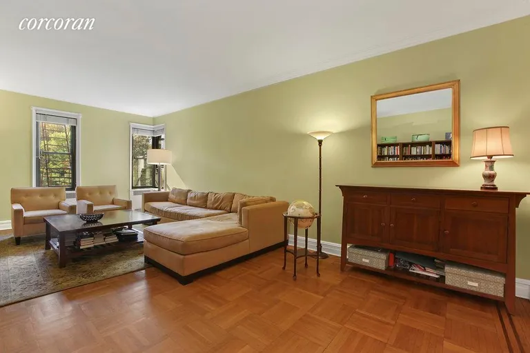 New York City Real Estate | View 20 Plaza Street East, D2 | Oversized living room w/ tree-top views of GAP | View 2