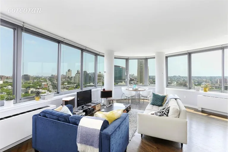 New York City Real Estate | View 230 Ashland Place, 16C | Living Room w/ Custom Solar Shades | View 2