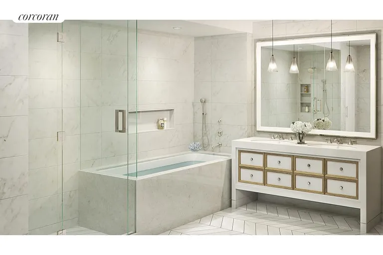 New York City Real Estate | View 212 Warren Street, 11N | Marble Bath with Chevron Patterned Floors | View 3