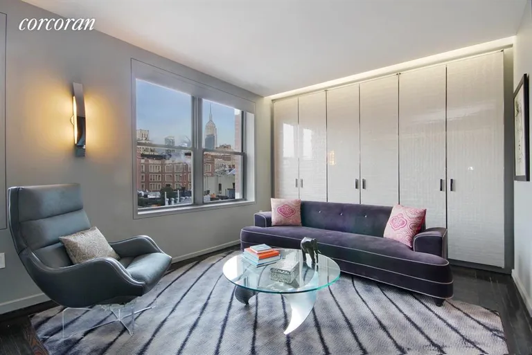 New York City Real Estate | View 340 West 19th Street, 22 | Living Room with Empire State Building Views | View 2