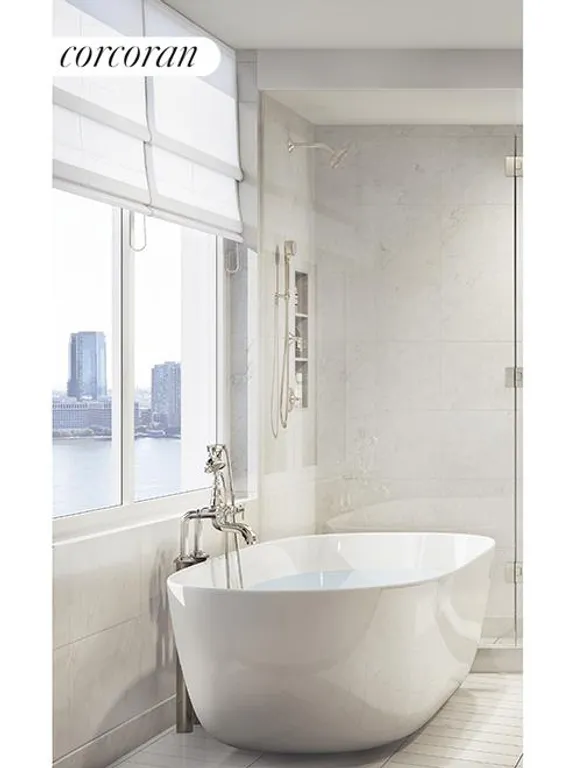 New York City Real Estate | View 212 Warren Street, 21G | Freestanding Tub in Windowed Marble Bath | View 3