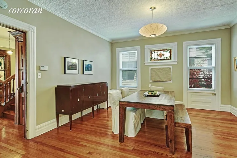 New York City Real Estate | View 329 Westminster Road | Formal dining room with stained glass | View 5