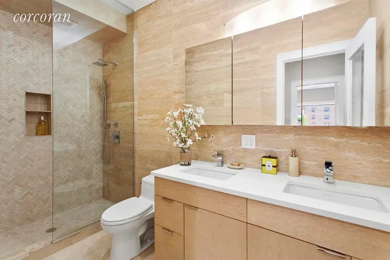New York City Real Estate | View 411 DeGraw Street | Master bath in Travertine limestone w double sinks | View 6