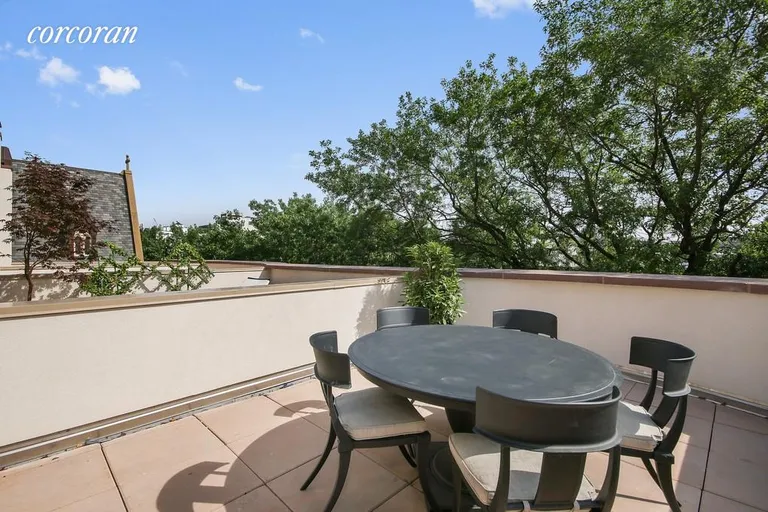 New York City Real Estate | View 349A State Street | South facing terrace with church and treetop views | View 9