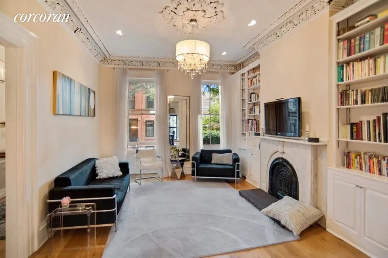 New York City Real Estate | View 160 Hoyt Street, 2 | Living Room with  amazing plaster moldings | View 3