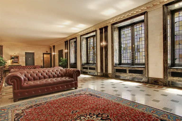 New York City Real Estate | View 470 West End Avenue, 3D | Stunning original lobby with stained glass windows | View 6