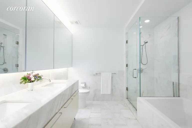New York City Real Estate | View 200 Chambers Street, 4BC | Marble Bathroom with Double Sinks | View 7