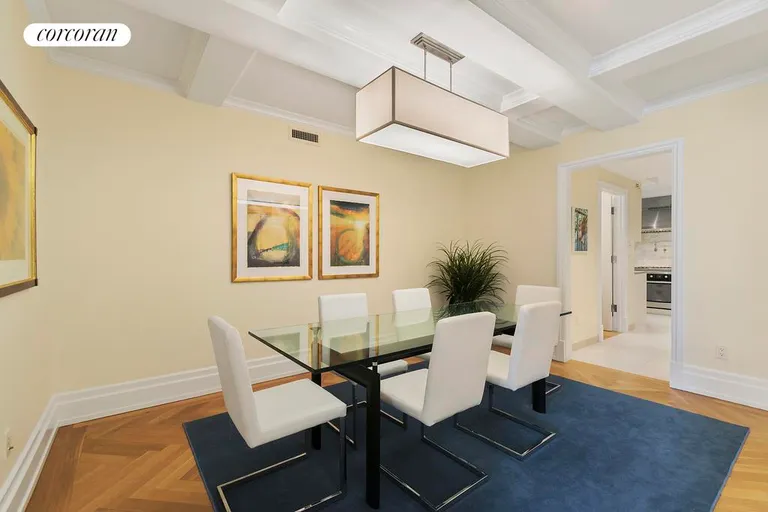 New York City Real Estate | View 845 West End Avenue, 9C | Dinning room with coffered ceiling | View 4