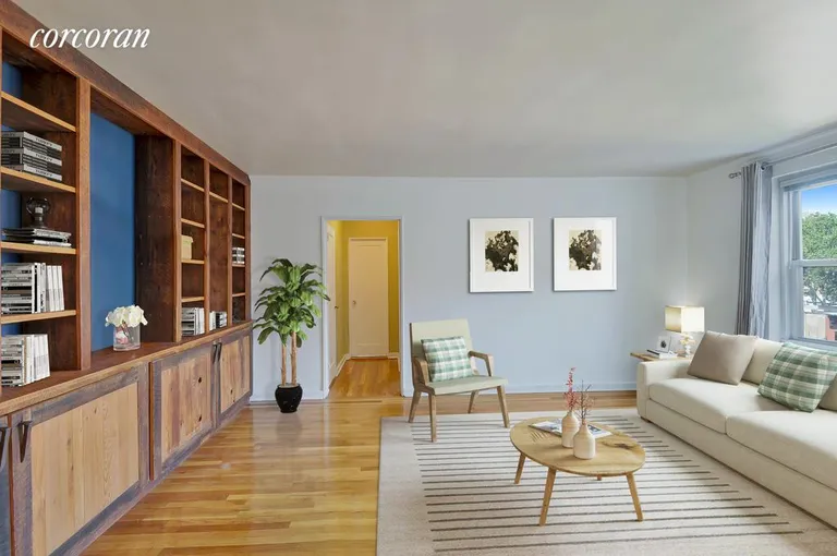 New York City Real Estate | View 220 Congress Street, 6D | With built in bookcase made of reclaimed wood. | View 2