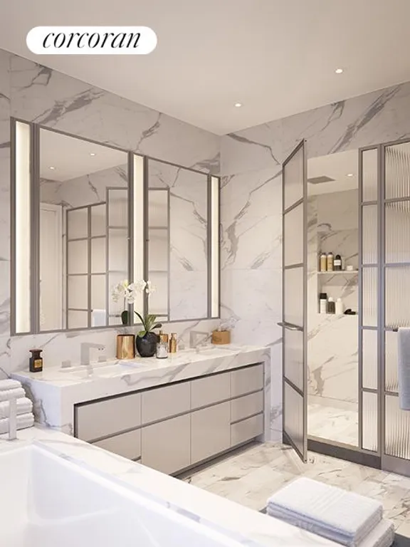 New York City Real Estate | View 70 Vestry Street, 4C | Master Bath features Statuary Monarch marble  | View 4