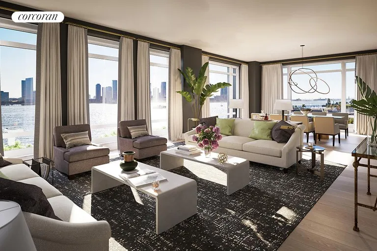 New York City Real Estate | View 70 Vestry Street, 3B | 34-foot riverfront corner Great Room | View 2