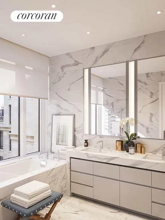 New York City Real Estate | View 70 Vestry Street, 3B | Windowed Master Bath with Statuary Monarch marble | View 4