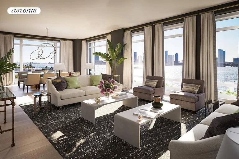 New York City Real Estate | View 70 Vestry Street, 4E | 34-foot Great Room overlook Hudson River Park | View 2