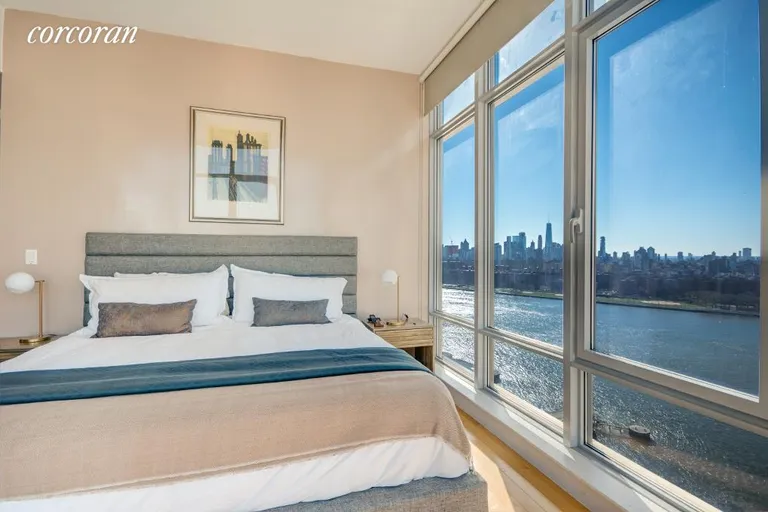New York City Real Estate | View 1 NORTHSIDE PIERS, PH3 | Master Bedroom with views of Downtown Manhattan | View 6