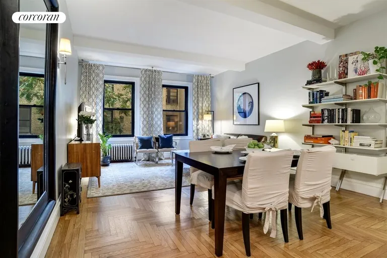 New York City Real Estate | View 135 Eastern Parkway, 3D | Stunning living room with beamed ceilings... | View 2