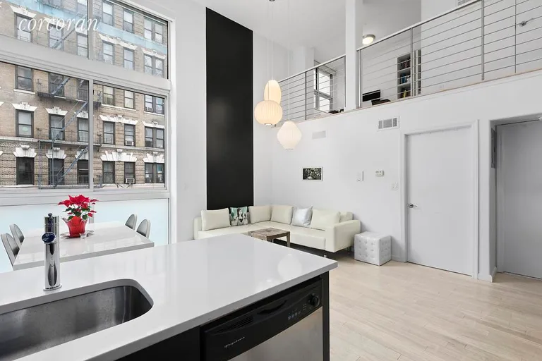 New York City Real Estate | View 406 Lorimer Street, D | Living Room w/ Mezzanine | View 6