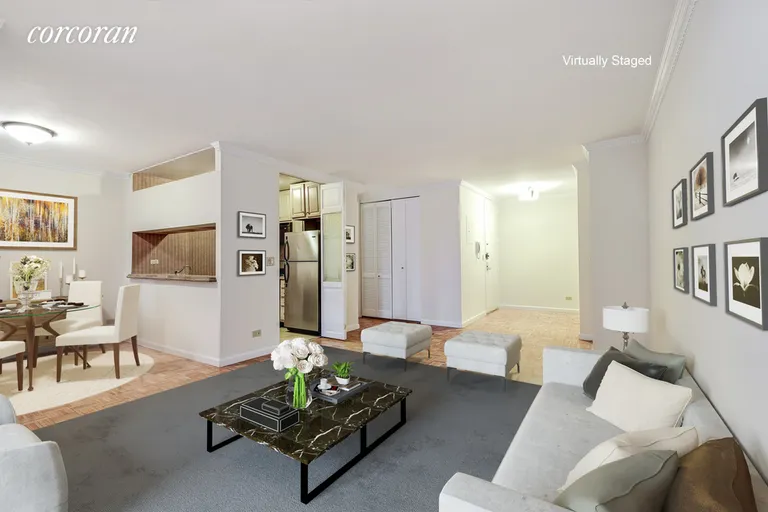 New York City Real Estate | View 161 West 61st Street, 6C | Large Living Room with Dining Alcove and Foyer | View 2