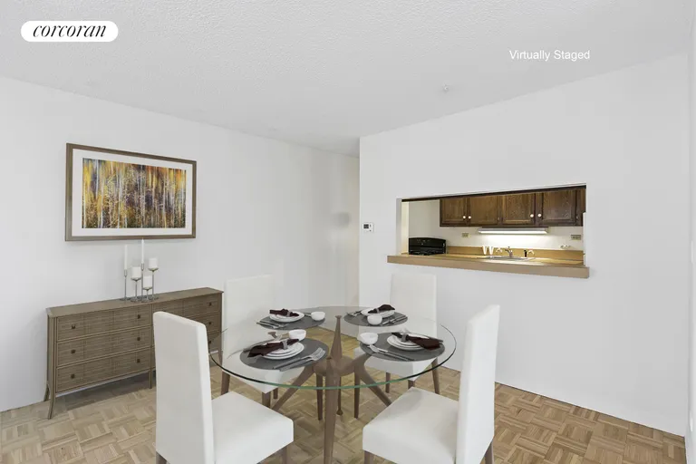 New York City Real Estate | View 531 Main Street, 611 | dining area & galley kitchen w/pass-through | View 3