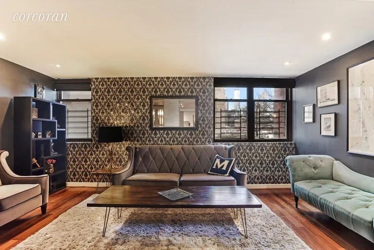 New York City Real Estate | View 28 OLD FULTON STREET, TH-M | Living Room with Bridge and River Views | View 3
