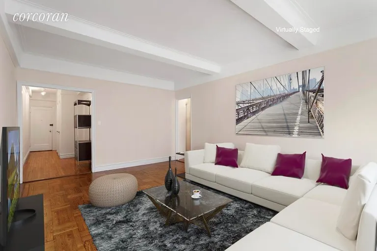New York City Real Estate | View 108 East 91st Street, 3B | Living Room Facing Foyer (Digitally Staged) | View 4
