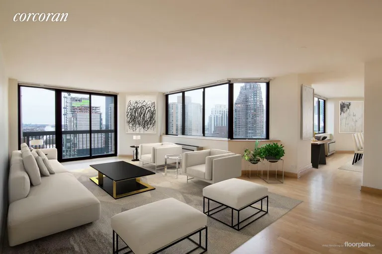New York City Real Estate | View 330 East 75th Street, 27BC | Virtually Staged Living Room | View 3