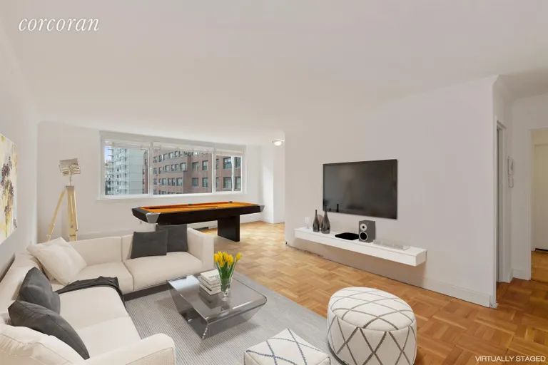 New York City Real Estate | View 501 East 79th Street, 12EF | Digitallystaged  2nd liv room/family room | View 2